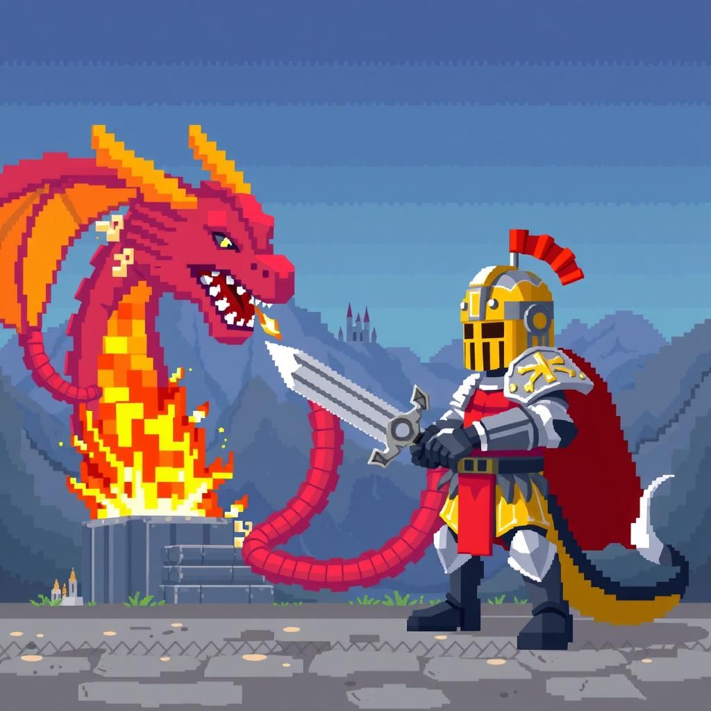 Pixel Knight vs. Block Dragon in Retro Game Style