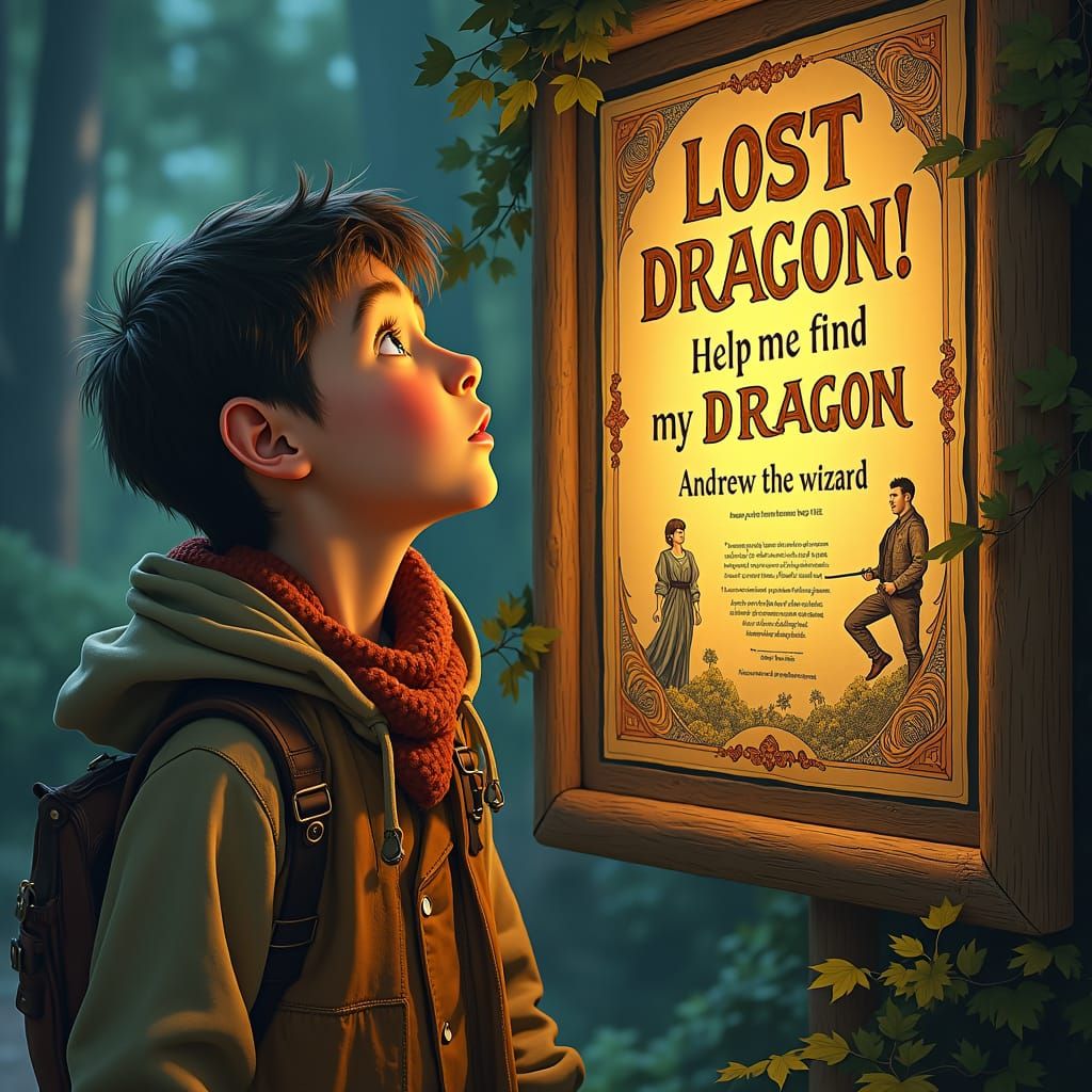 Boy Finds Lost Dragon Poster in Art Nouveau Style