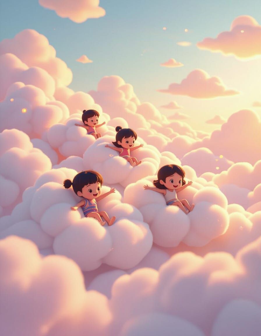 Chibi Children Slide Down Cloud Slides in Whimsical 3D Scene