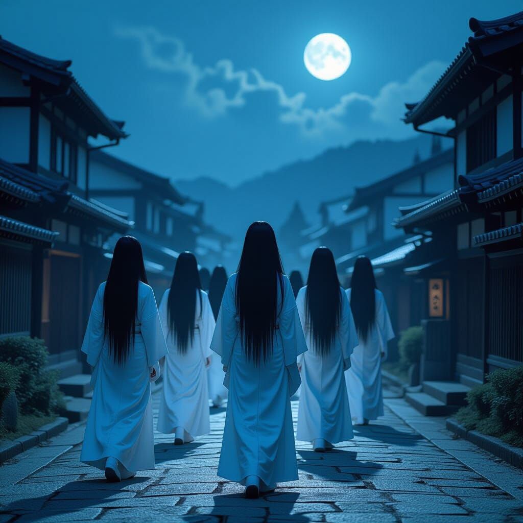 Eerie Japanese Yokai Haunt Quaint Town at Midnight