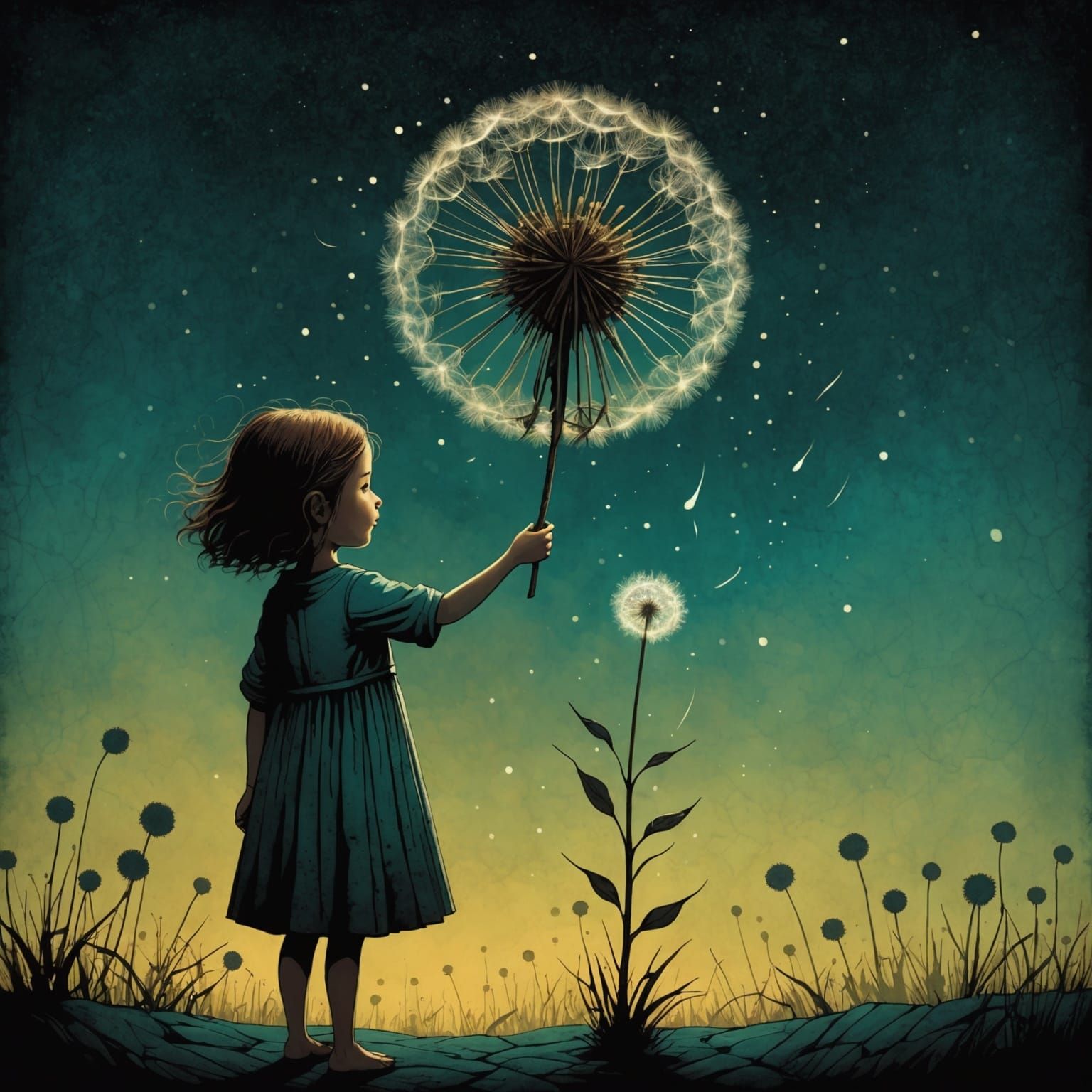 Girl with Giant Dandelion in Graphic Novel Style