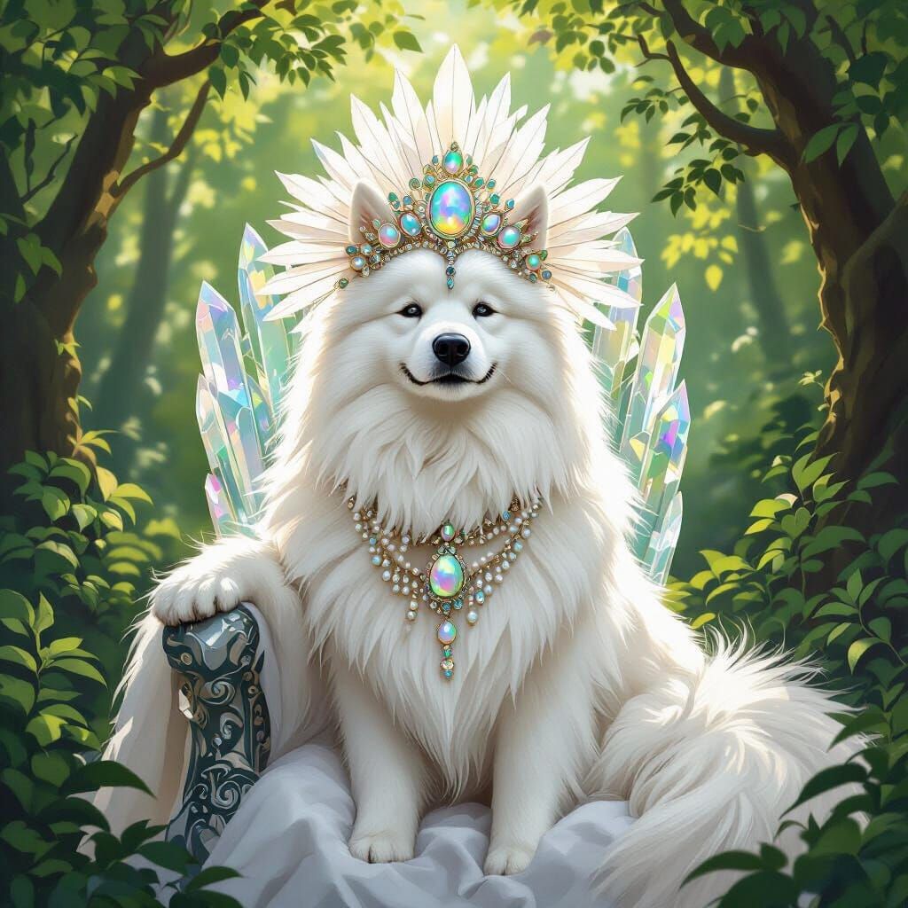 Samoyed Dog Queen on Quartz Throne in Renaissance Style