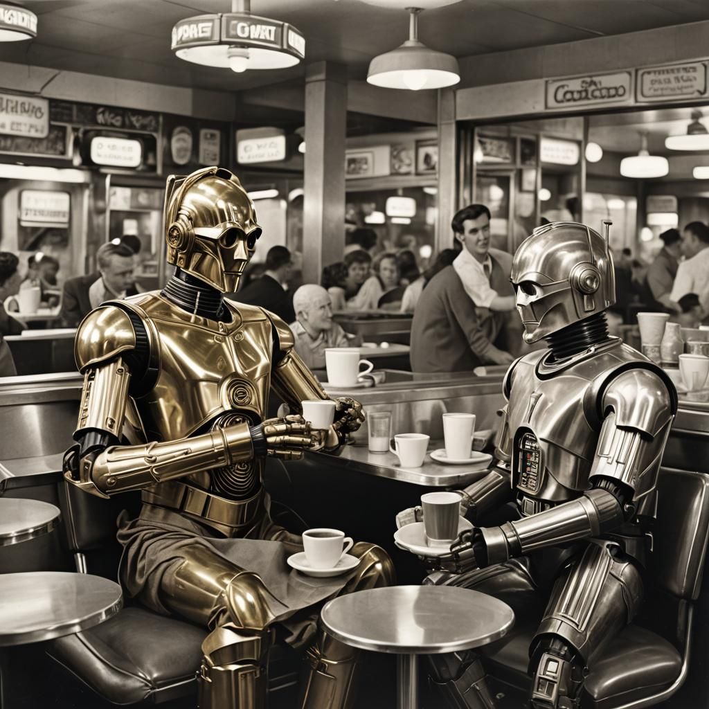 C-3PO and Optimus Prime at a 1950s Diner