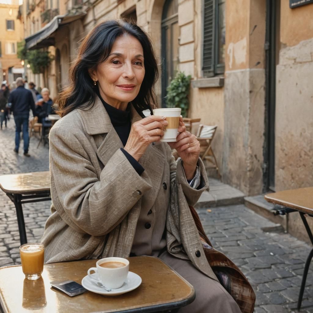 Glamorous Woman at Cafe in Rome, Impressionist Painting