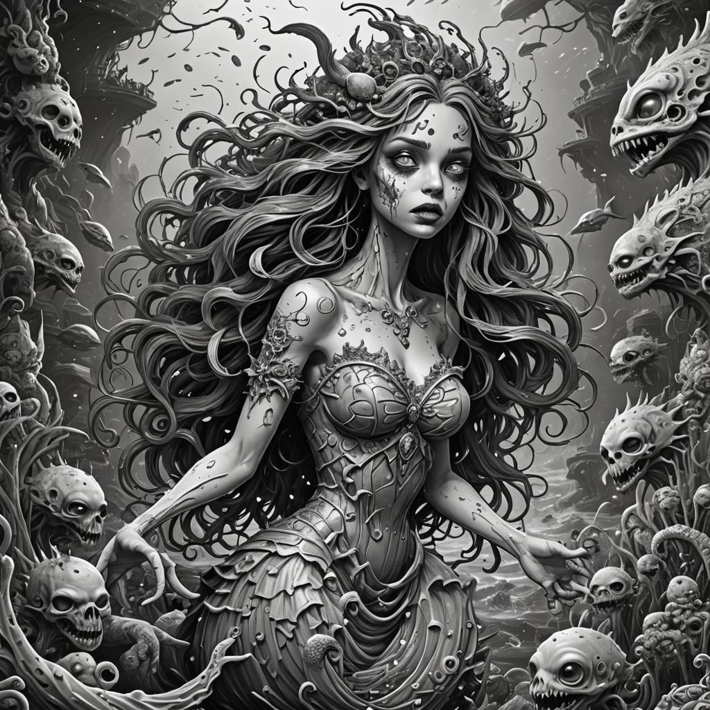 Evil Zombie Mermaids in Ornate Seascape