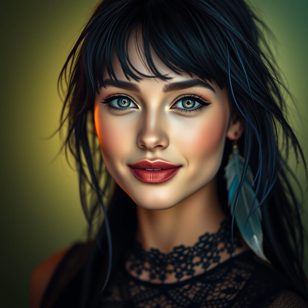 "Stunning, beautiful woman,medio body, little makeup, natural, with a long, messy, black bob with blue streaks, small fe...