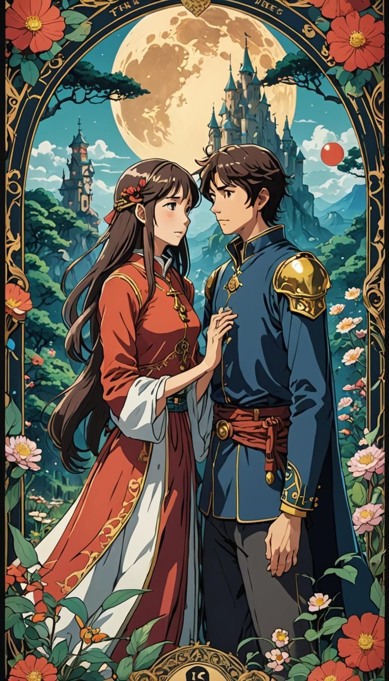 The Lovers Tarot Card in Studio Ghibli Style