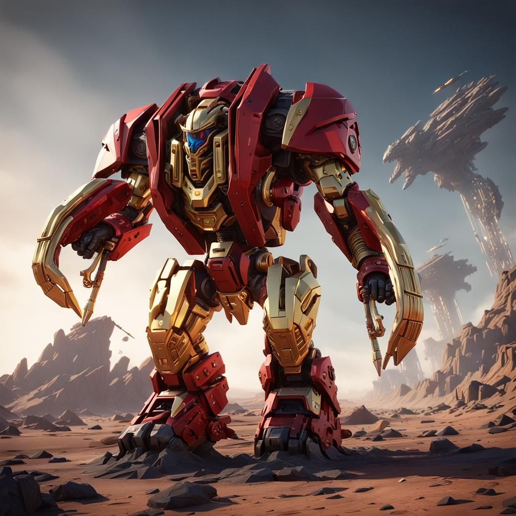 Futuristic Red and Gold Mammoth Mech in Sci-Fi Style