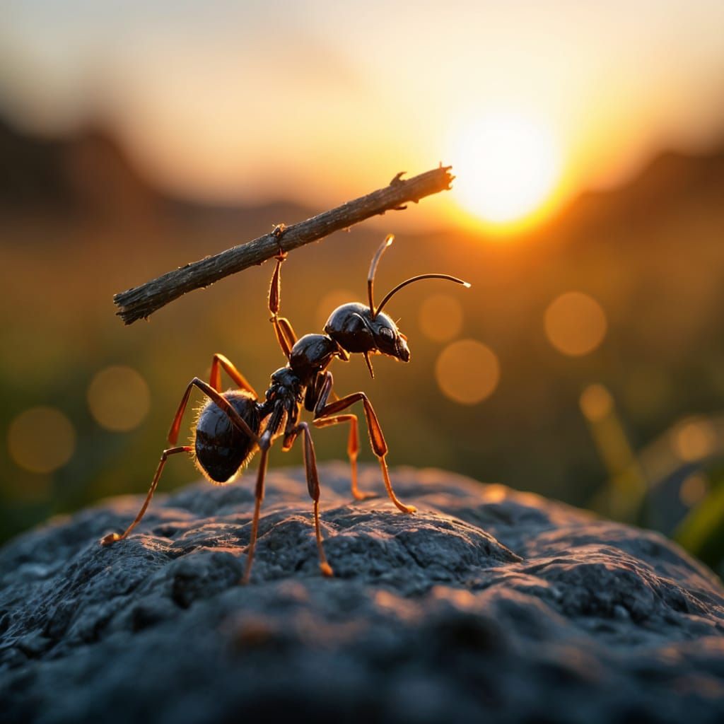 Ant Lifting Stick at Sunset: Macro Photography