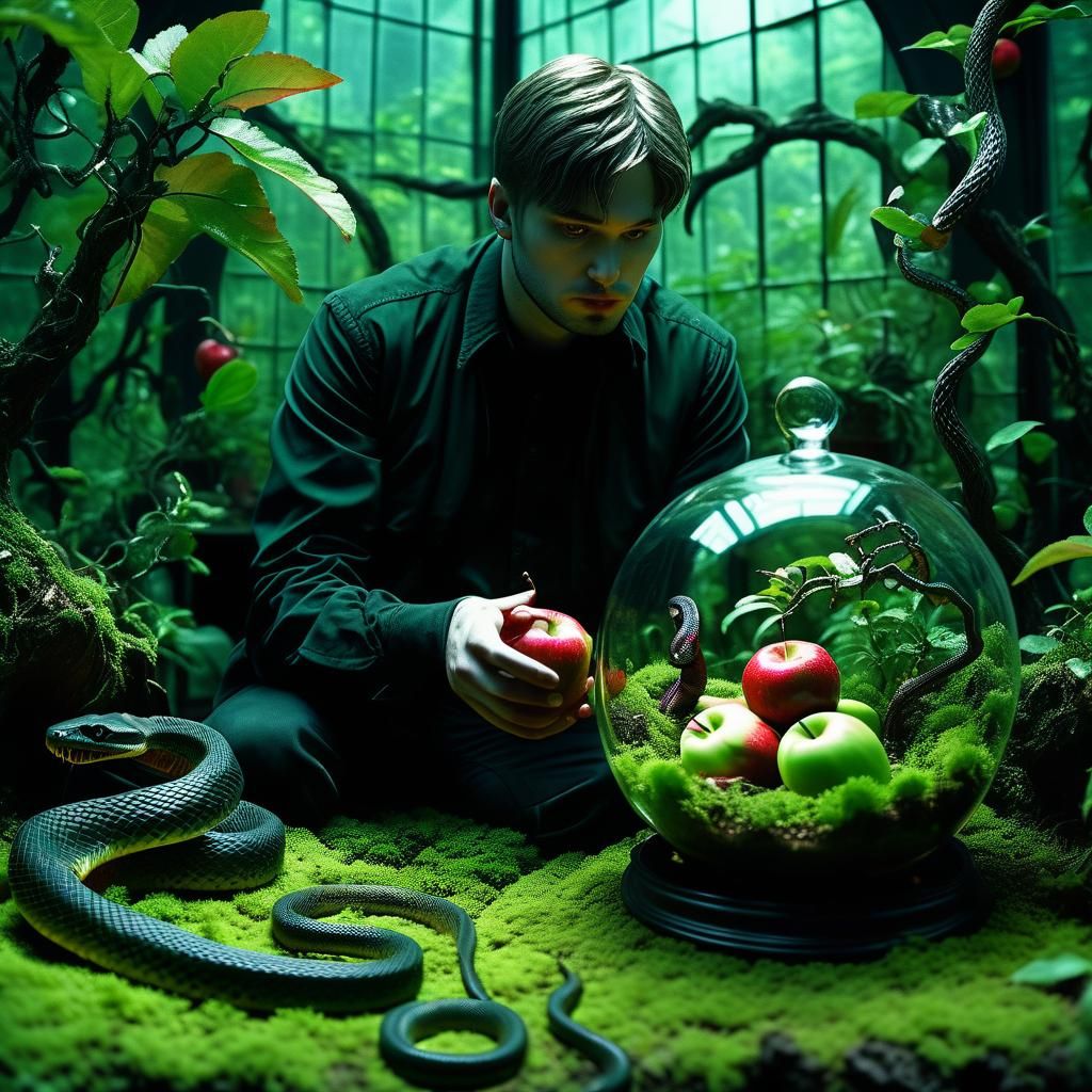 Adam and Eve in Gothic Terrarium: Cinematic Still