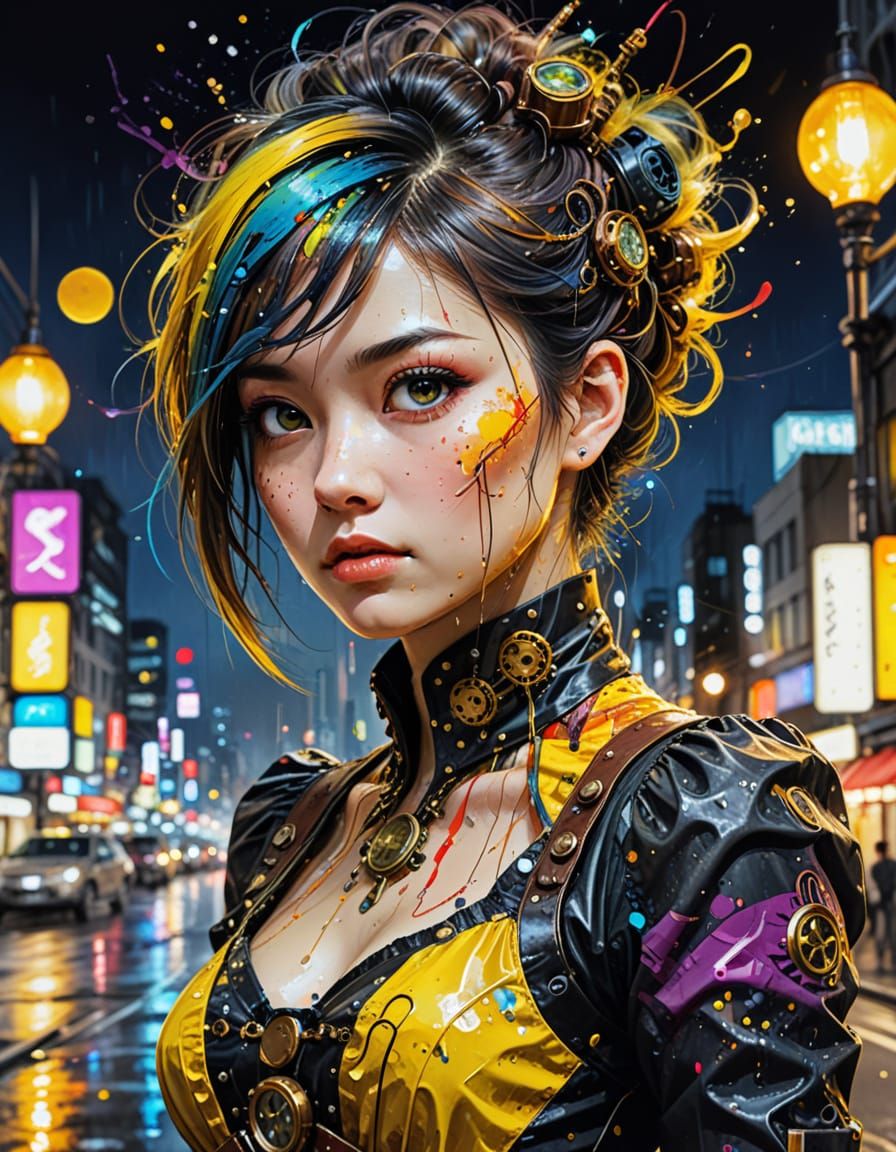 Steampunk Tokyo Portrait in Rainbow Dress, Liquid Art