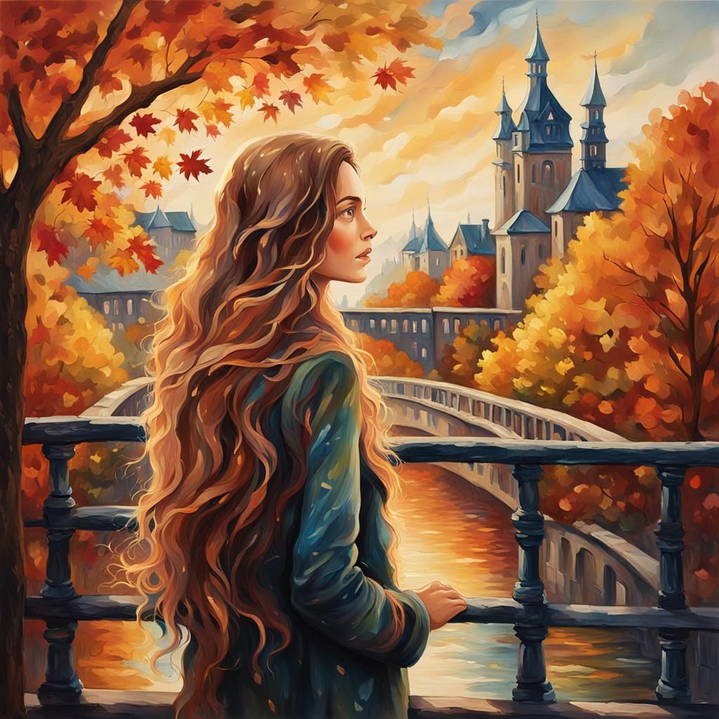 Autumn Woman on Bridge in Oil Painting Style