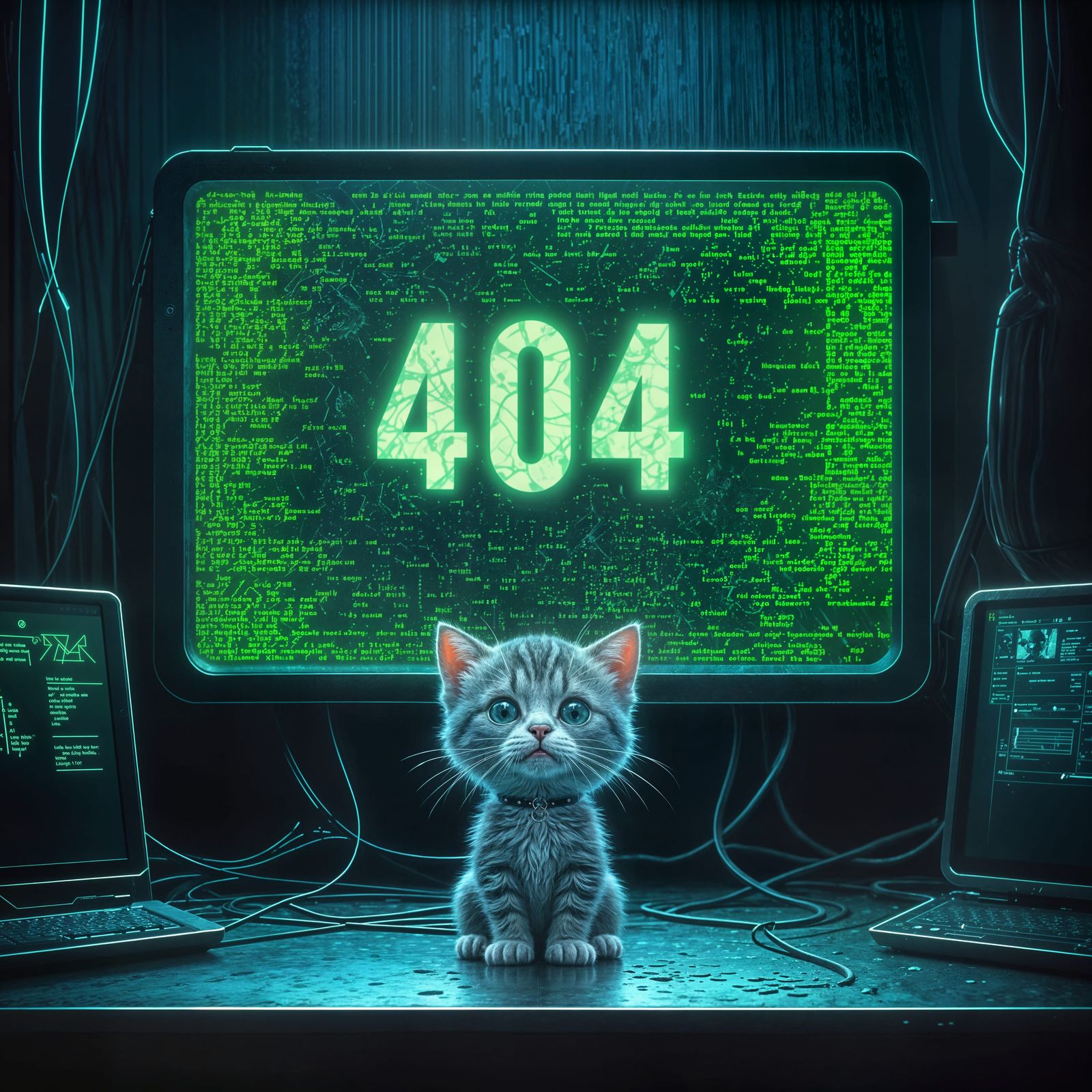 Cute Kitten Confronts 404 Matrix Code in Moody Concept Art
