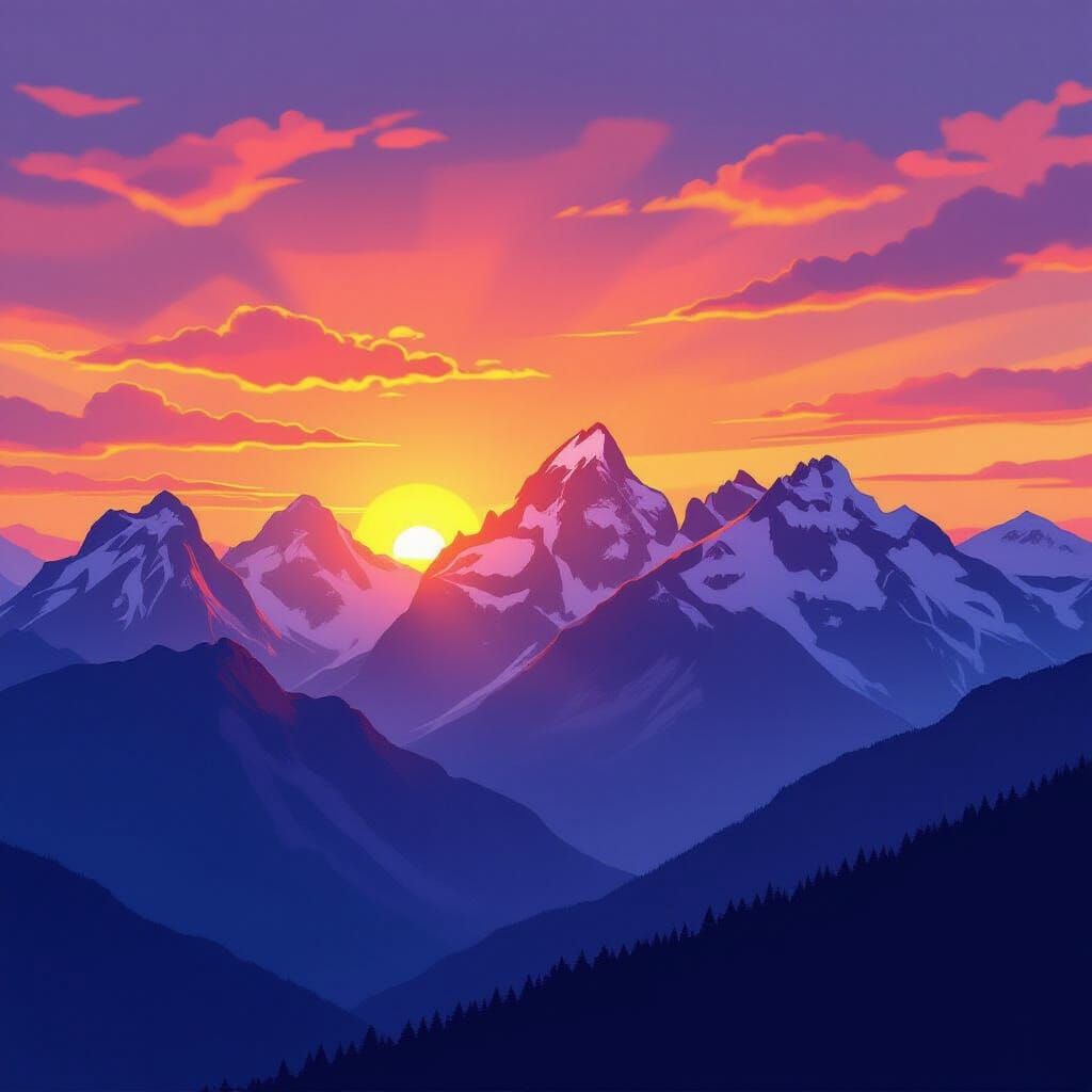 Breathtaking Mountain Sunset Over Silhouetted Peaks
