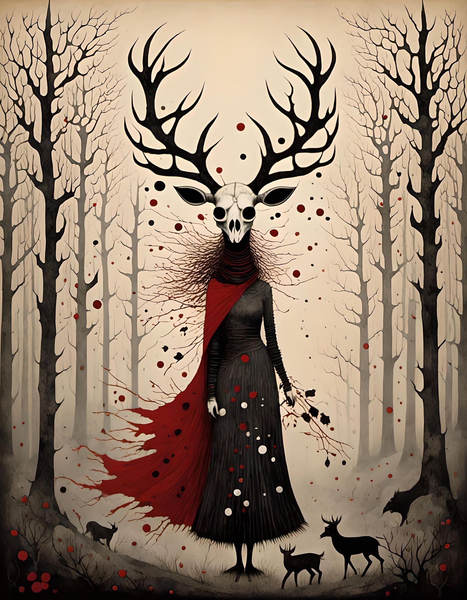 Gothic Shaman Woman with Deer Mask in Black and White