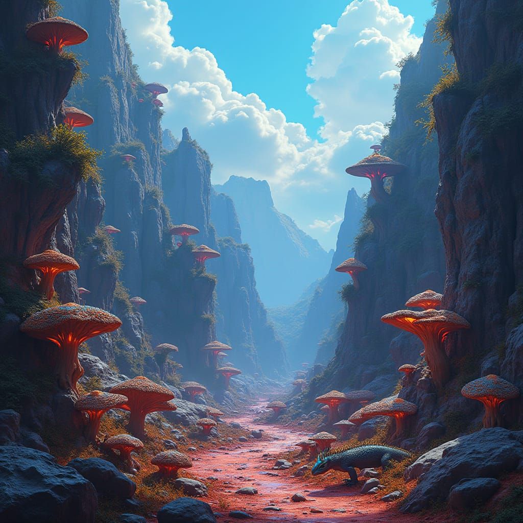 Epic Rock Lizard Kingdom in Vibrant, Electric Blue Skies