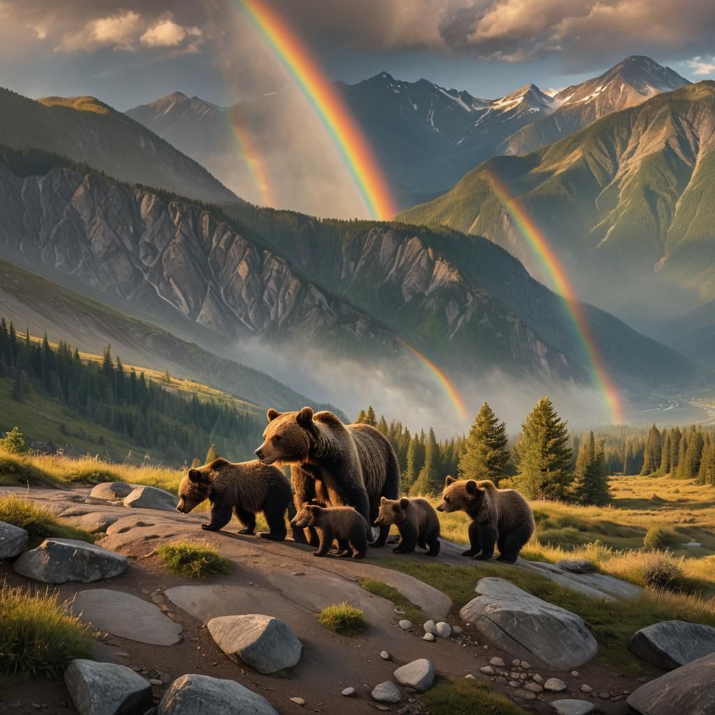 Rainbow Over Mountain Landscape with Bears