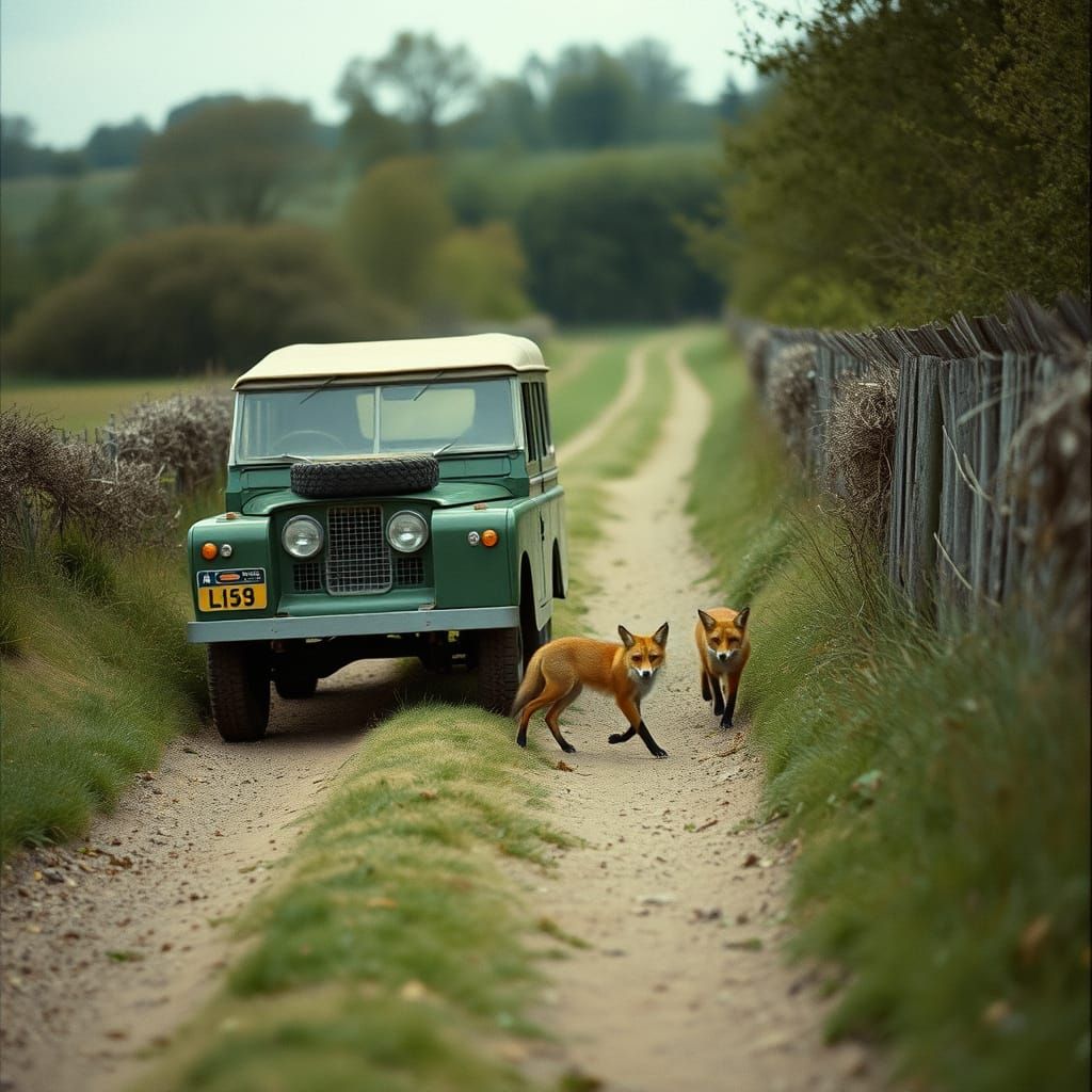 Vintage Land Rover Chases Foxes in a Rustic Countryside Sett...