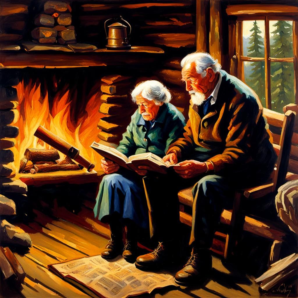 Grandparents Reading by Fireplace, Oil Painting