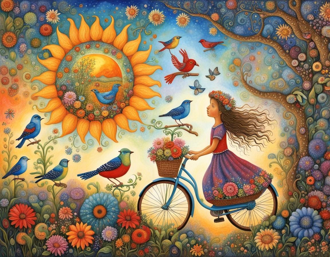 Naive Art: Girl on Bicycle with Flowers