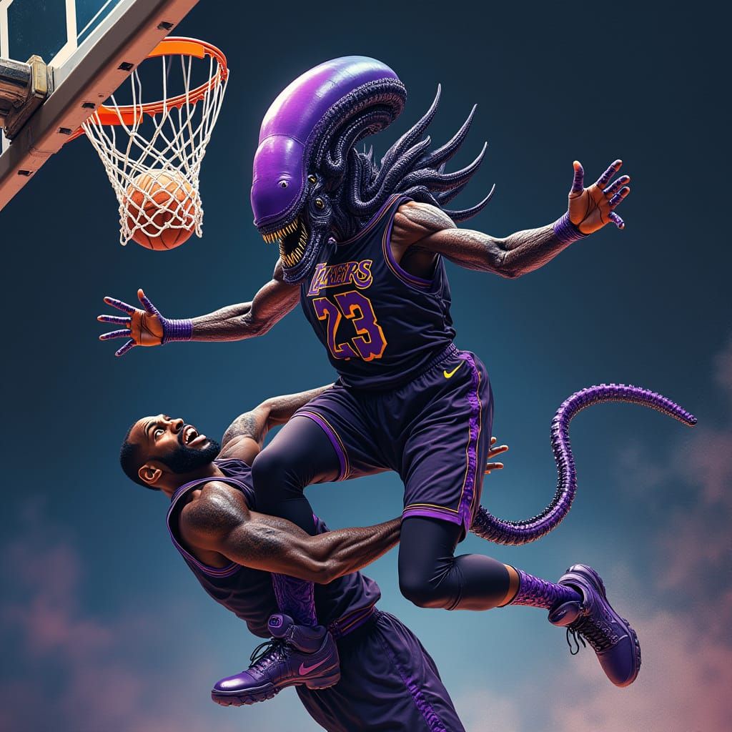 Alien Superhero Dunk in Midair