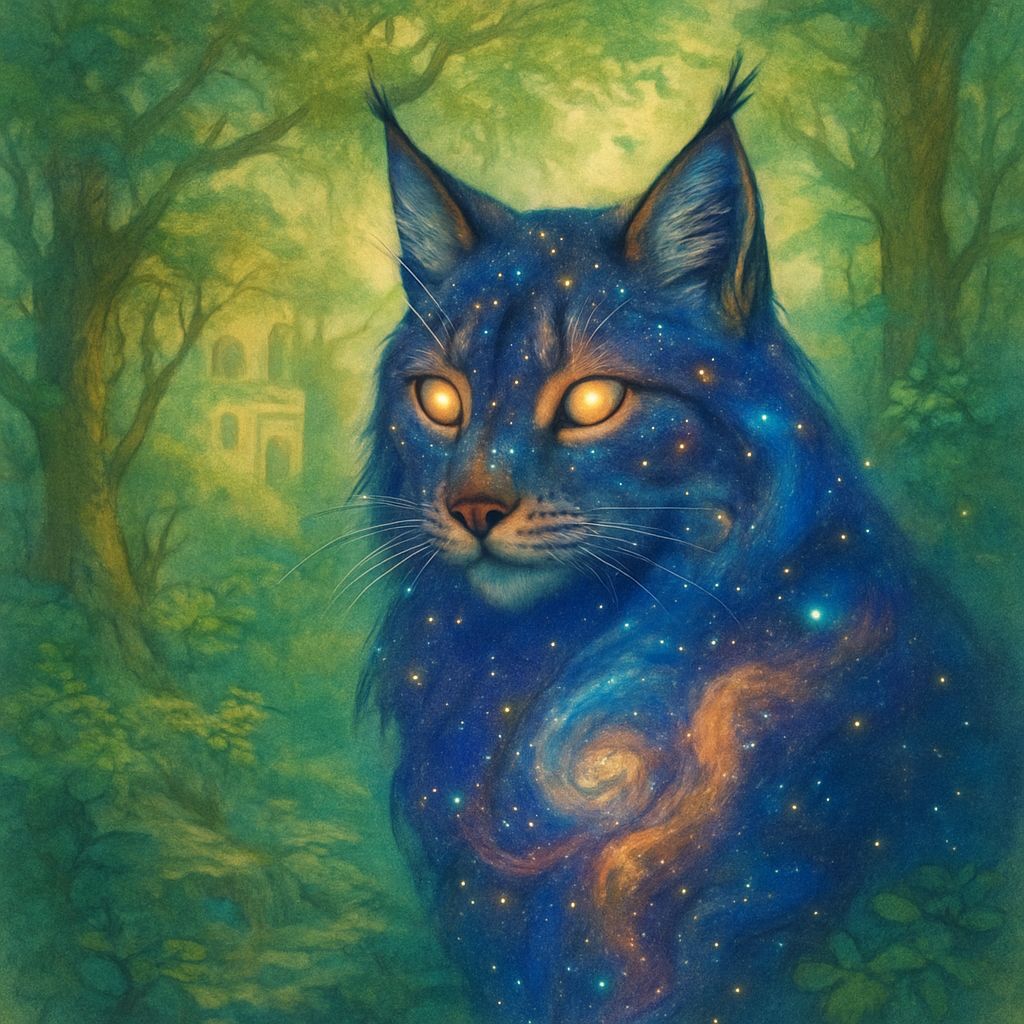 Galactic Lynx Emerges from Ethereal Forest Double Exposure