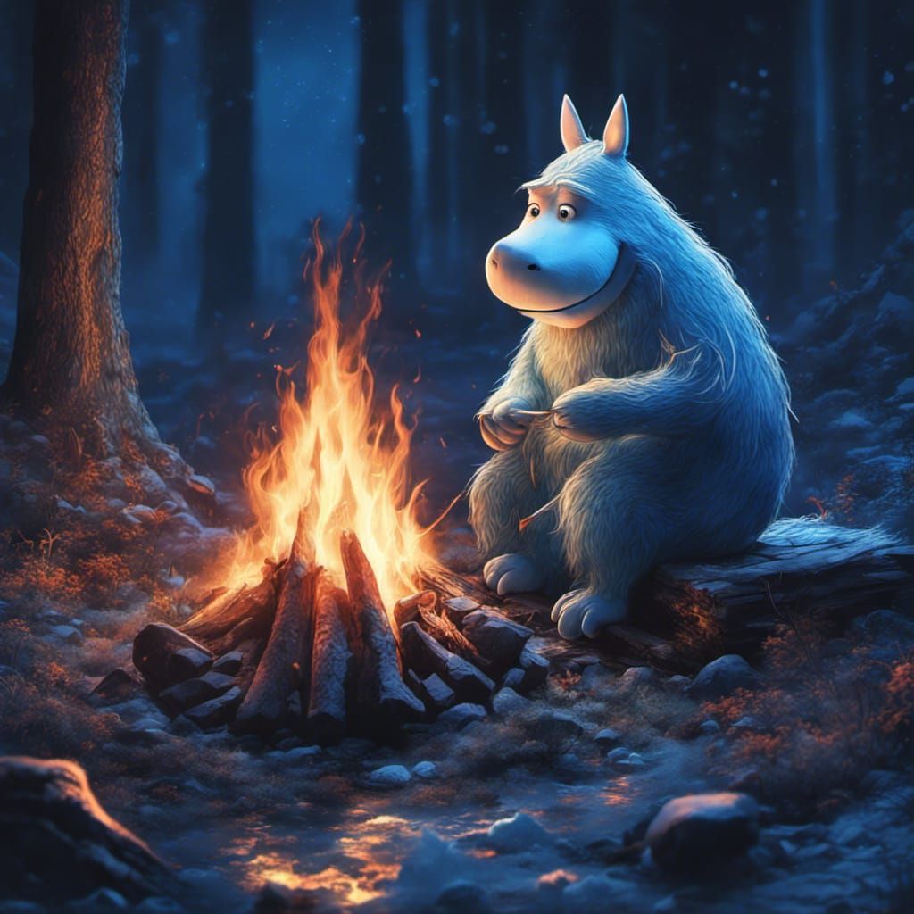 Moomin and Groke Campfire in Neon Moonlight