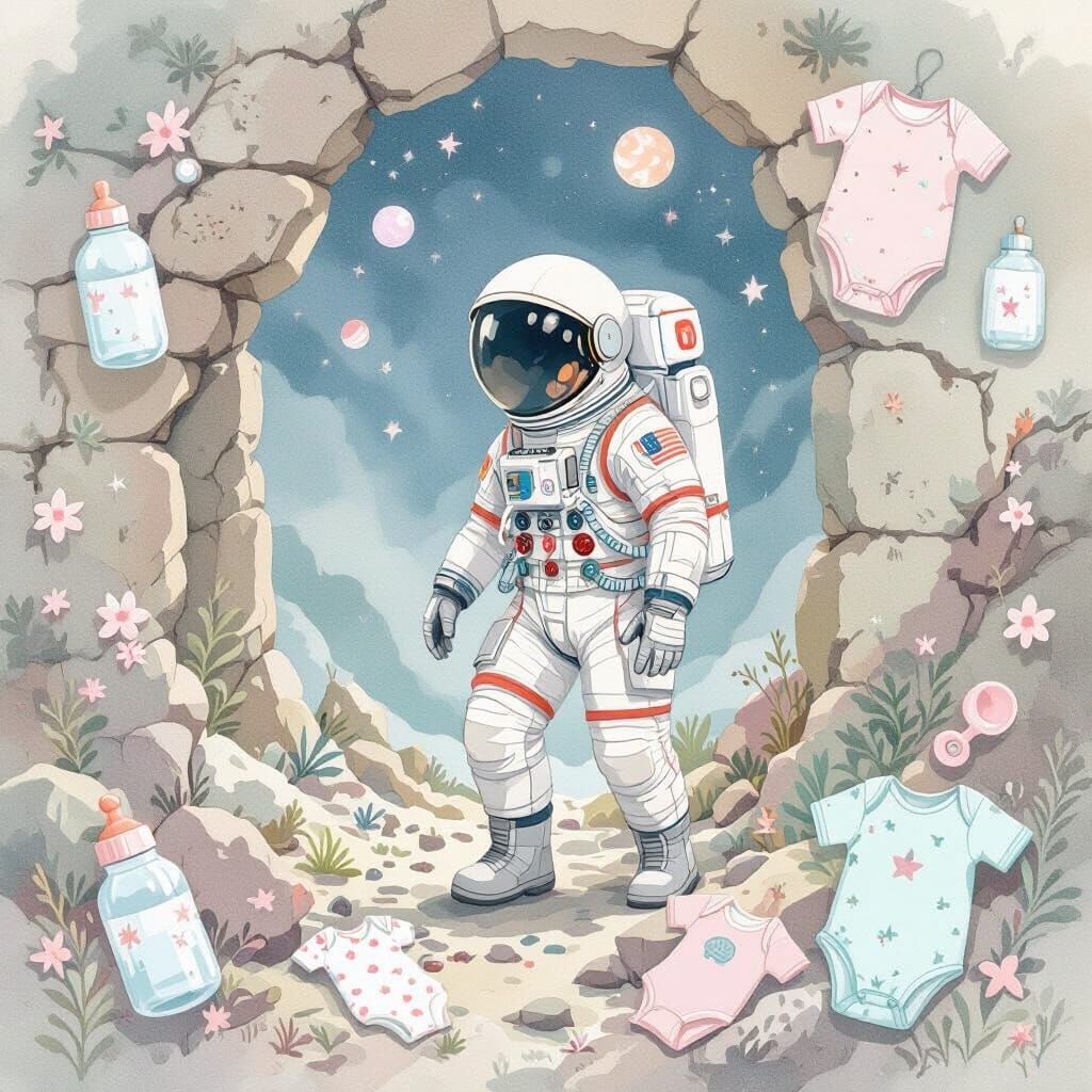 Astronaut Among Baby Bottle Ruins in Watercolor