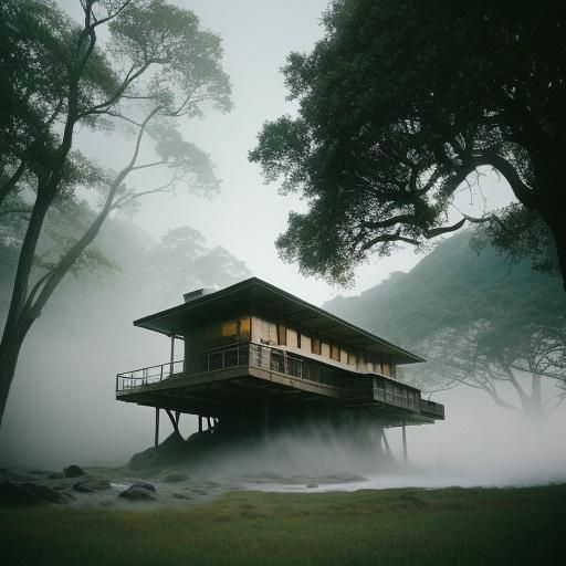 Cliffside House with Waterfall at Golden Hour