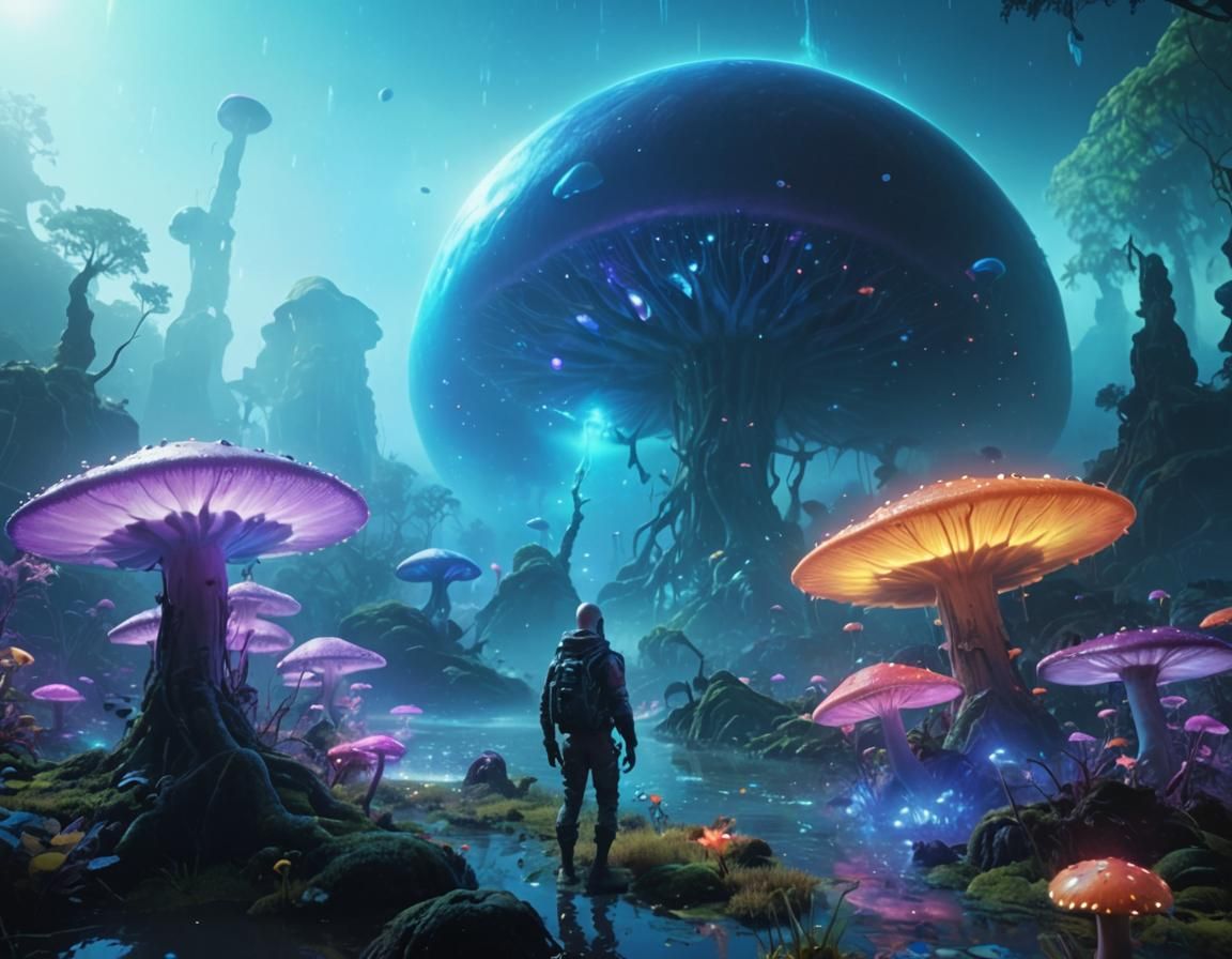 Alien in Bioluminescent Swamp Landscape, Fantasy Concept Art