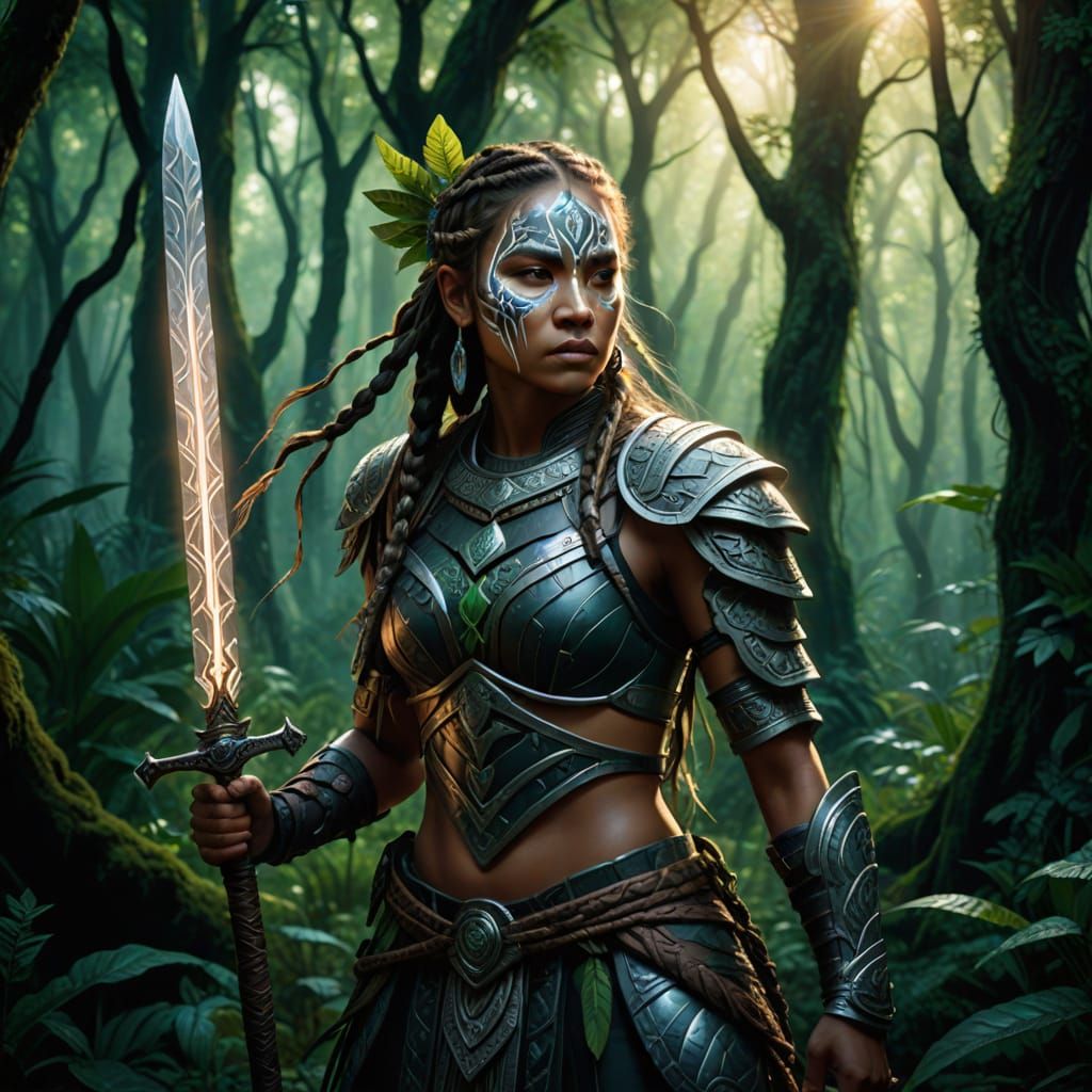 Mystical Forest Warrior with Glowing Sword