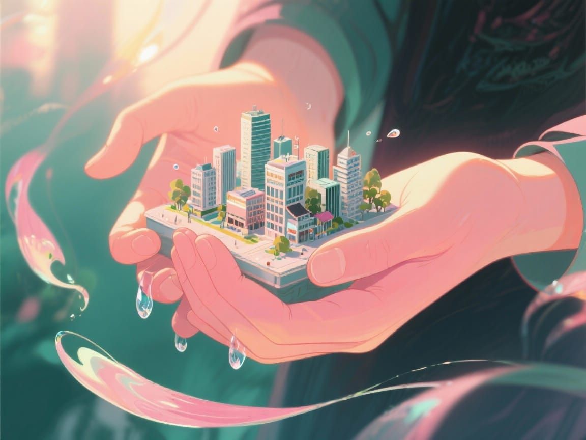 Tiny Japanese Cityscape in Giant Hands, Dreamy Sunlight