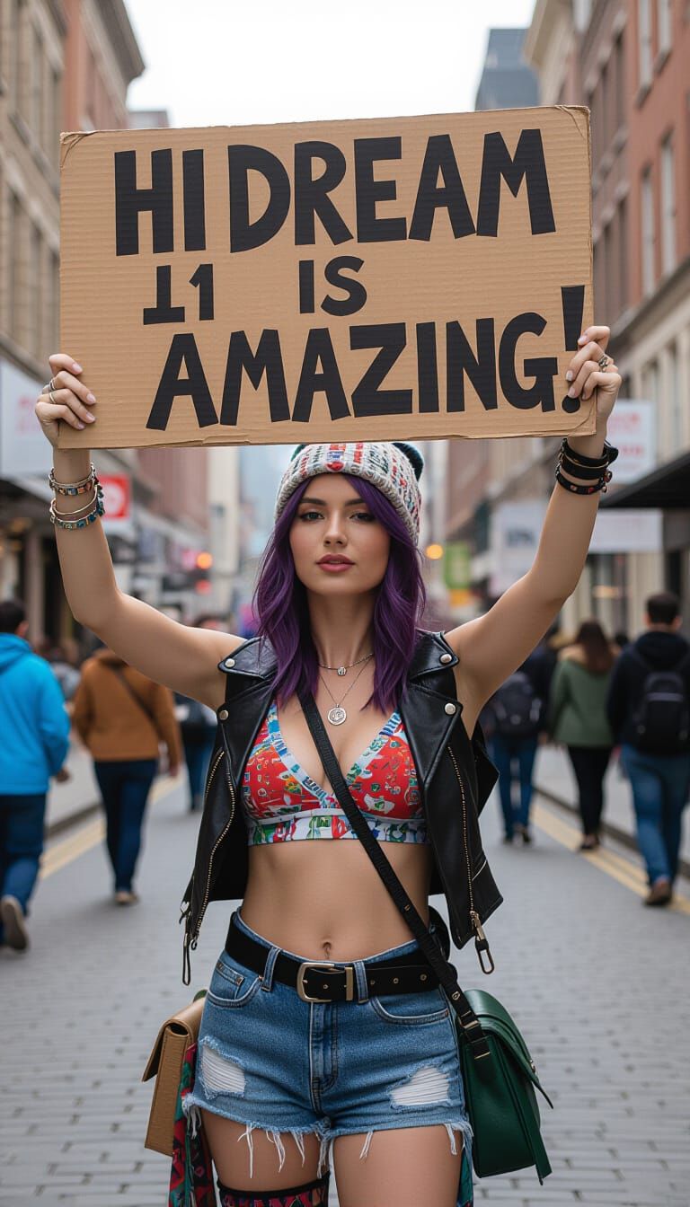Woman with Sign in Cityscape: Eclectic Art Styles