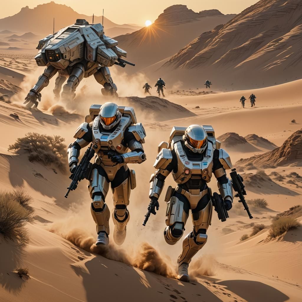 Futuristic Soldier Leading Troops on Alien World in Sci-Fi A...