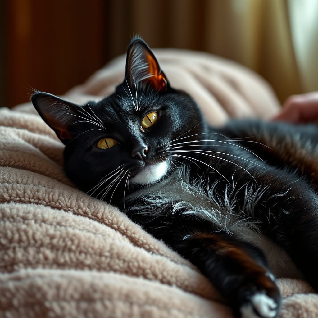 Relaxing Brindle Tuxedo Cat on Plush Bed