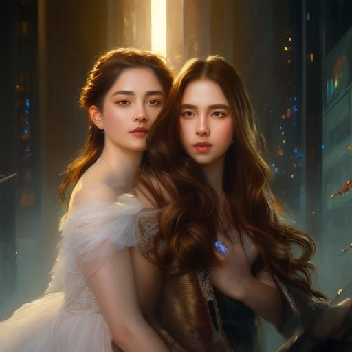 Two Women Kissing with Engagement Ring in Digital Art