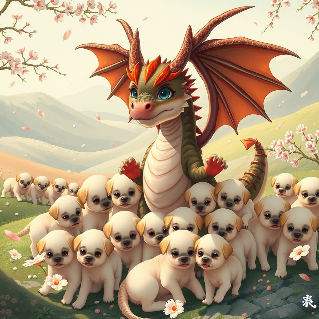 Chibi Dragon's Puppy Party: Kawaii Expressionism
