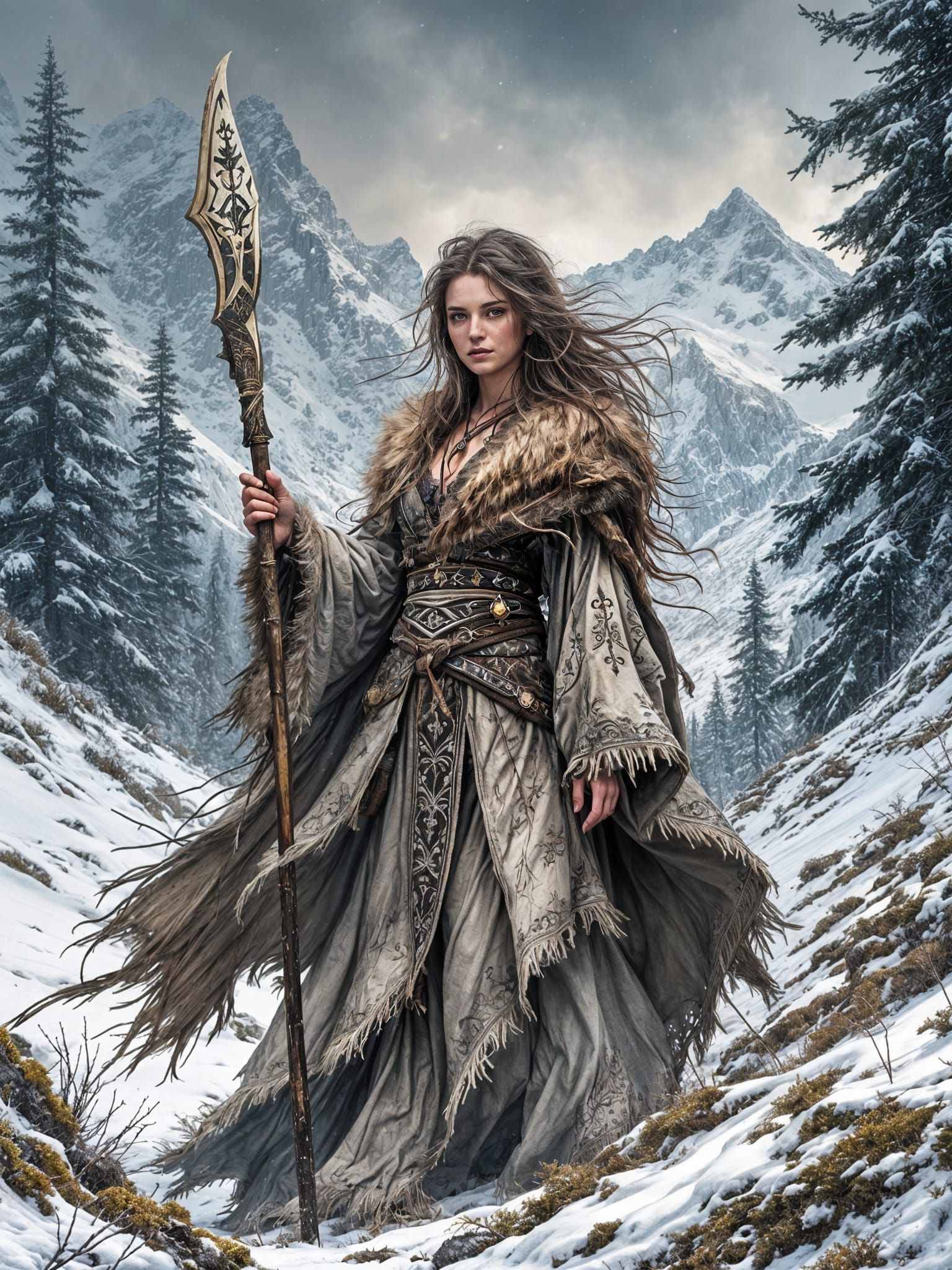 Mystical Female Figure in Nordic Snowscape