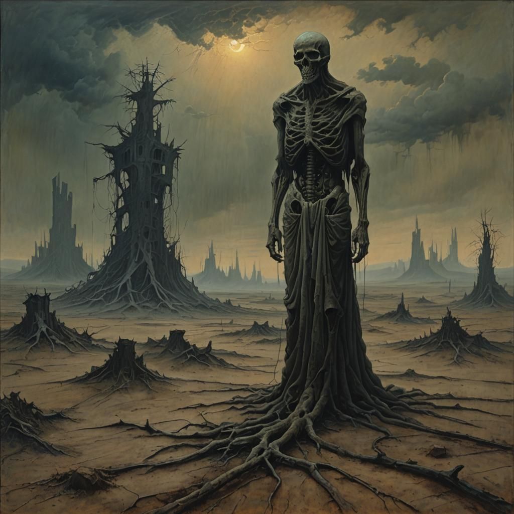 Dystopian Landscape in Beksiński-Inspired Surreal Style