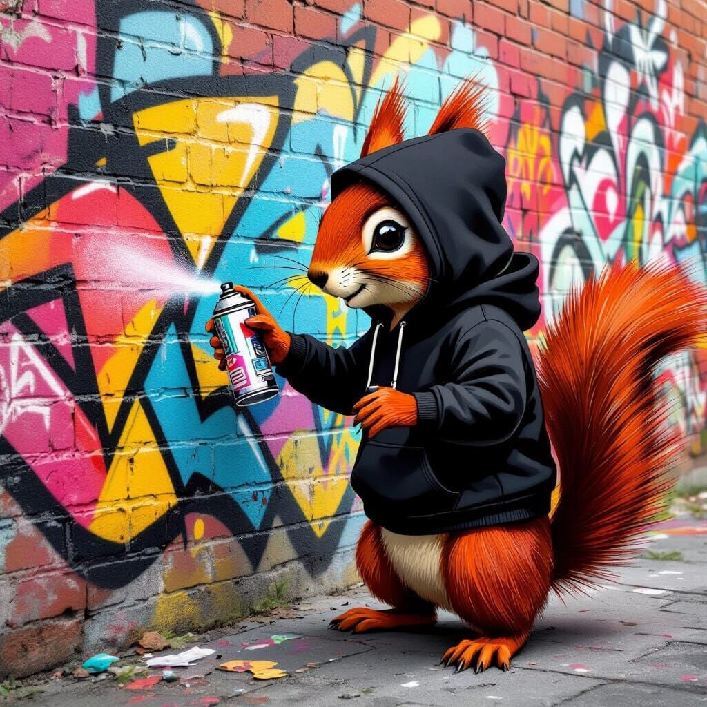 Squirrel Street Artist Spraying Graffiti in Banksy Style