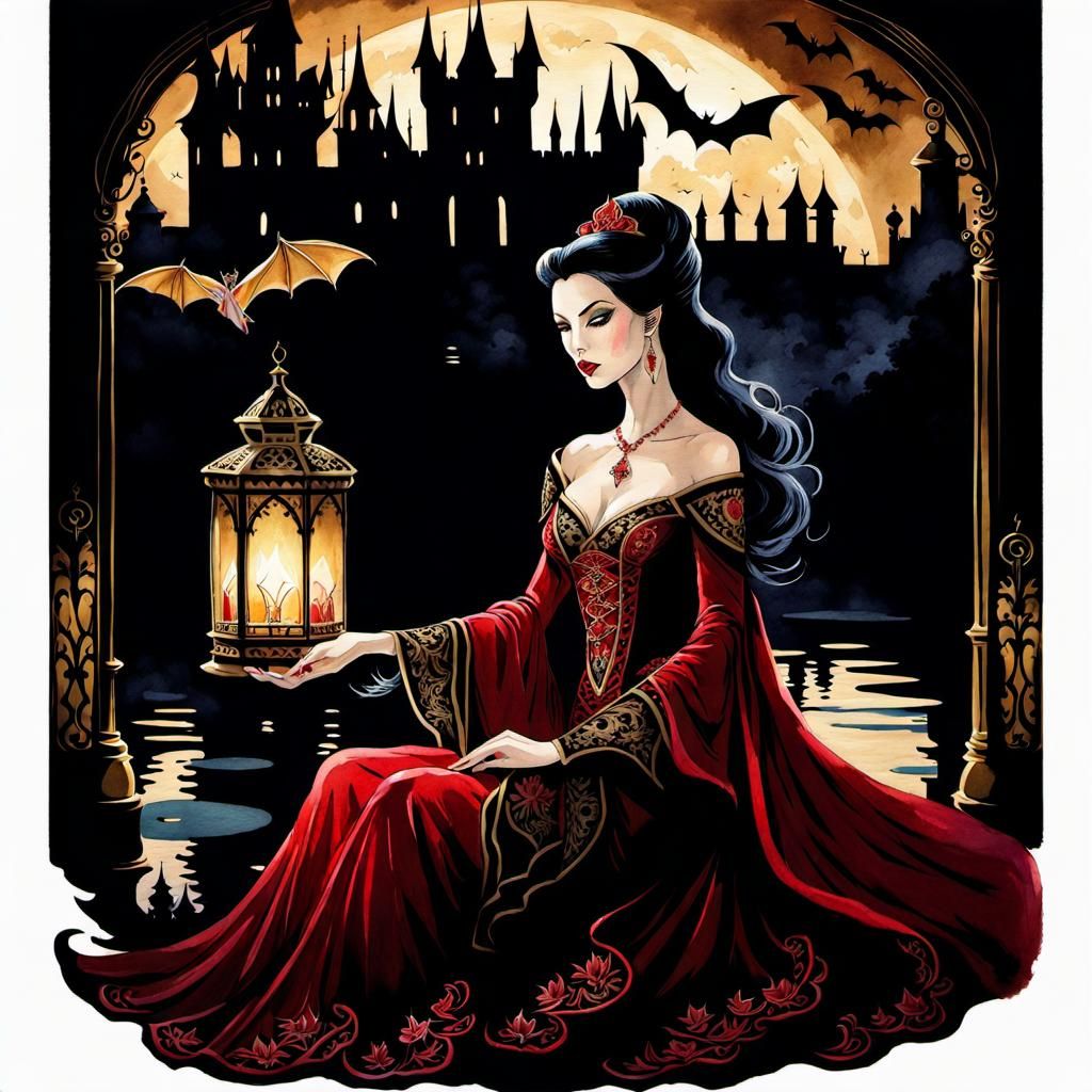 Ornate Vampire Queen in Dark Fantasy Watercolor