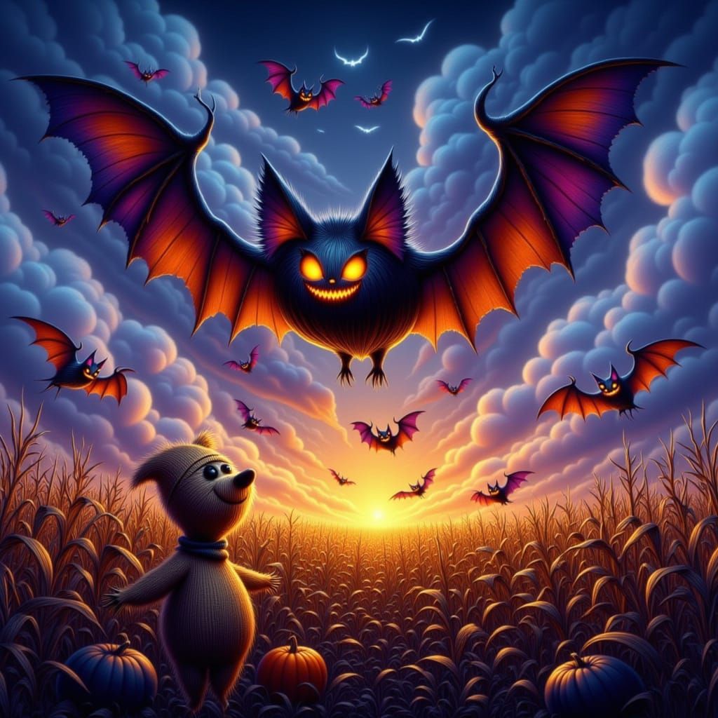Pumpkin Bats Soar Over Cornfield With Friendly Scarecrow