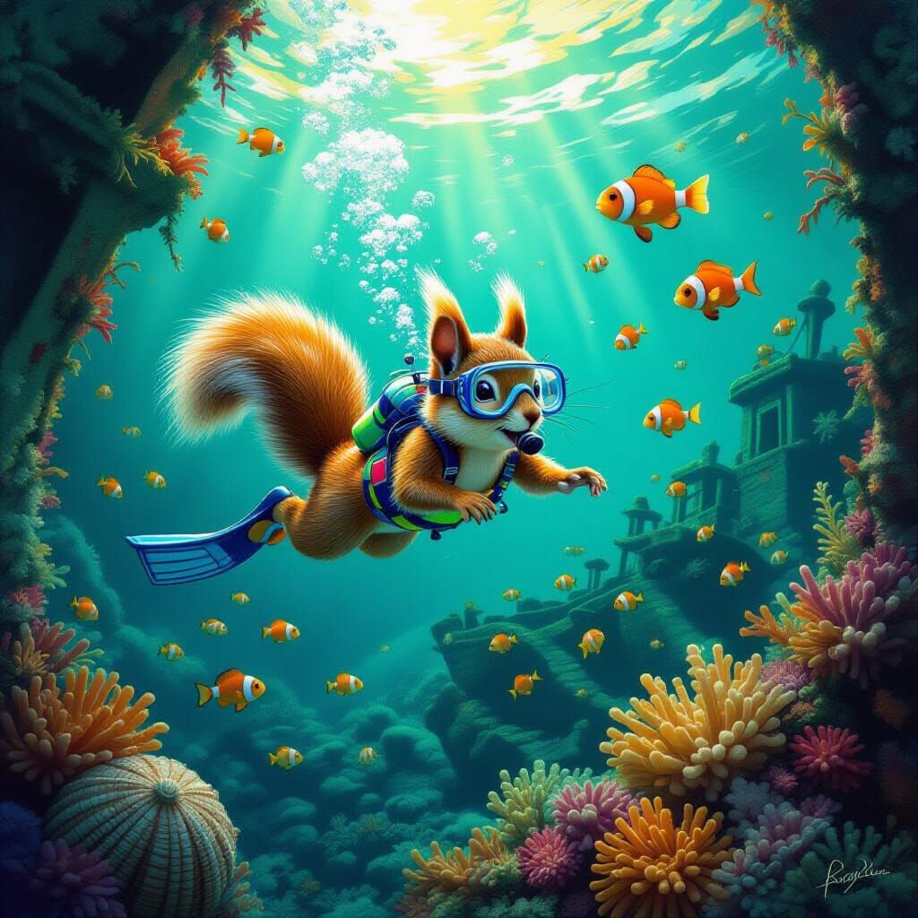 Tiny anthropomorphic squirrel in a vibrant swimming suit, di...
