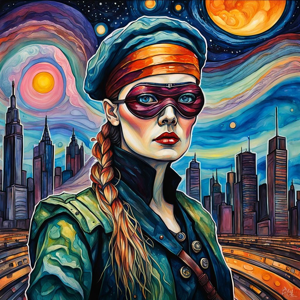 Eyepatch Opera Singer Warrioress in Retro-Futuristic City