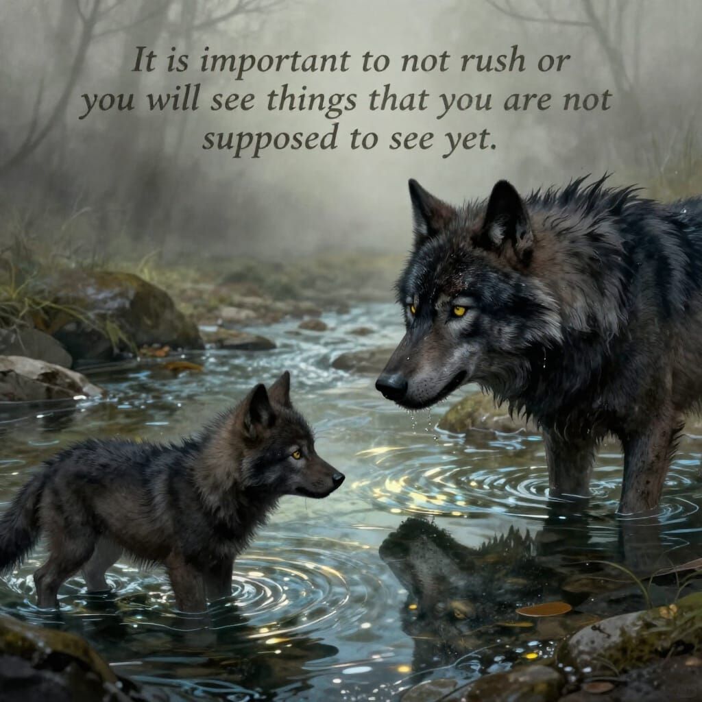 Wolf Pup's Reflection in Ethereal Stream - Dark Fantasy Art