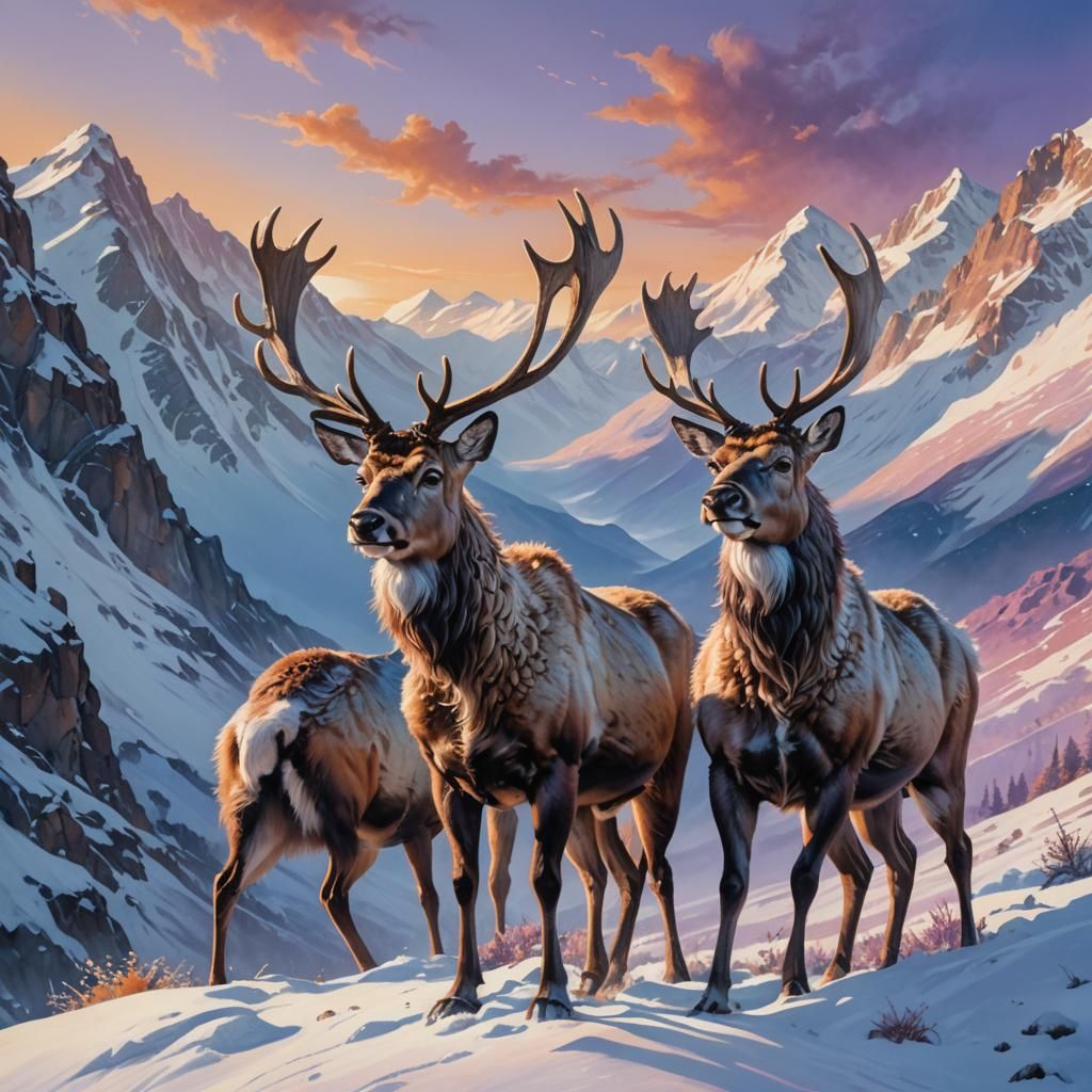 Reindeer Herders in Snowy Mountains, Photorealistic Splash A...
