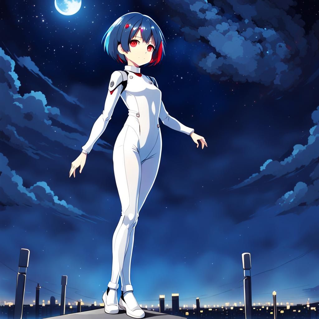 Anime Woman with Blue Hair Staring at Night Sky