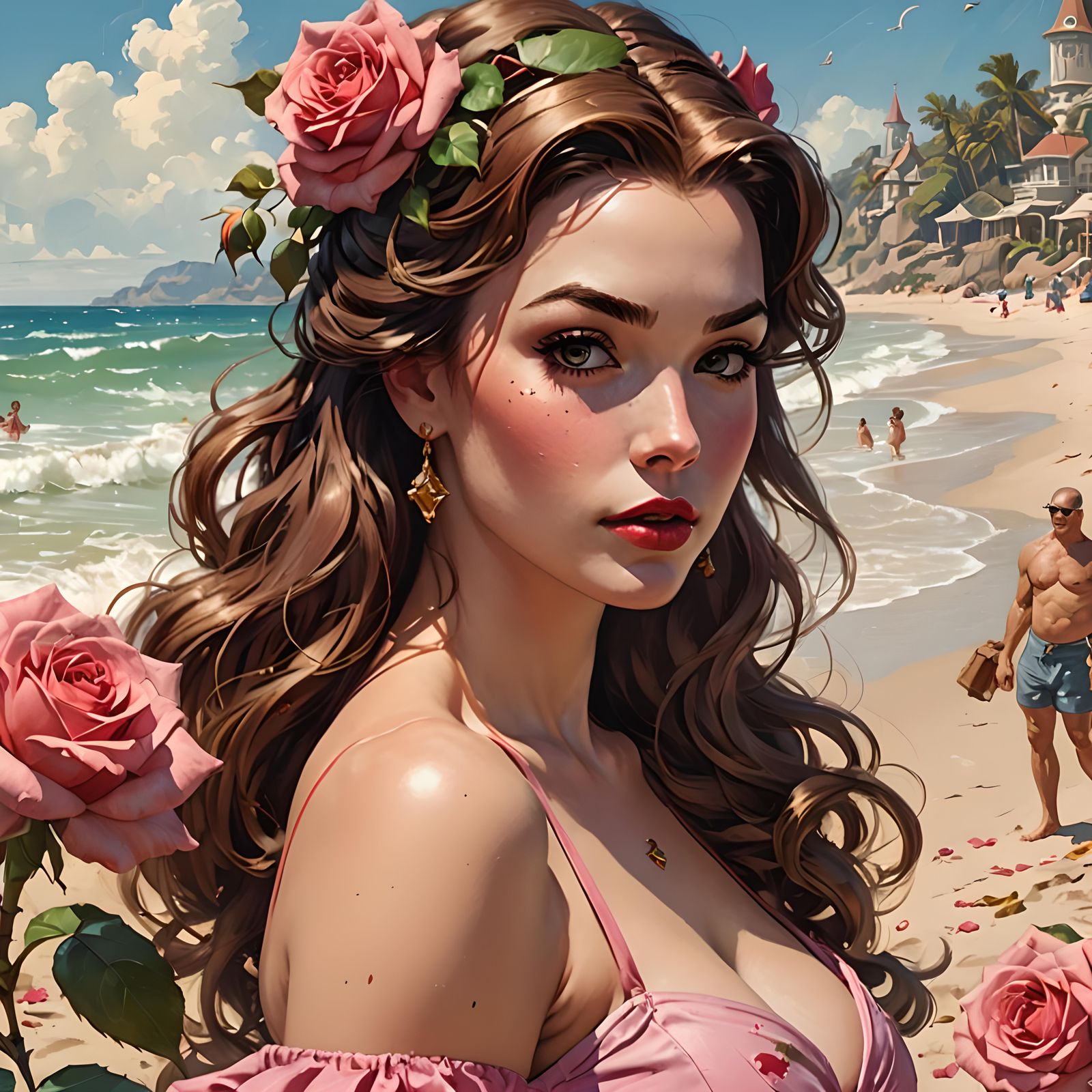 Princess Belle in Rose Swimsuit, Pin-Up Illustration