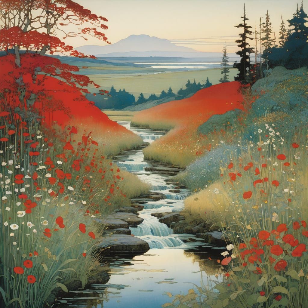 Red Wildflowers by River, Art Nouveau Style