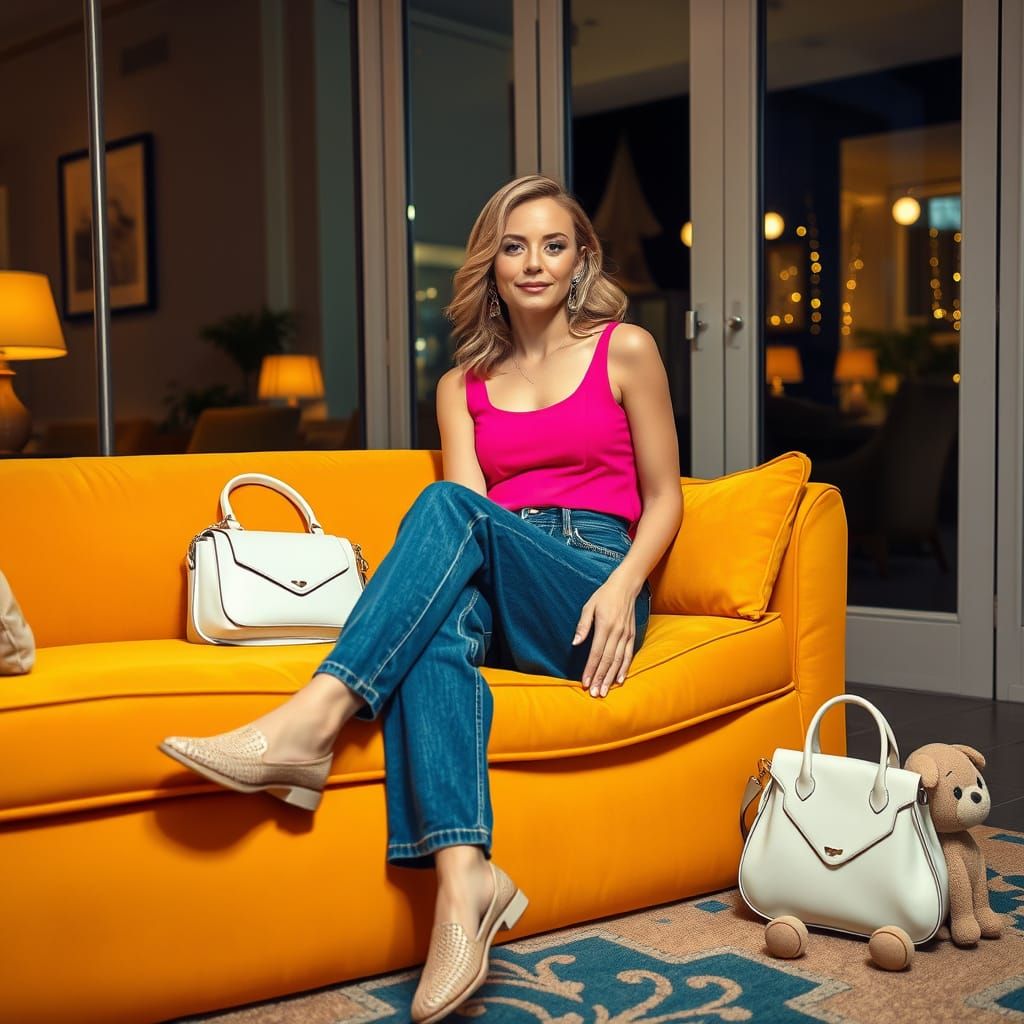 Woman on Yellow Sofa in Art Nouveau Style
